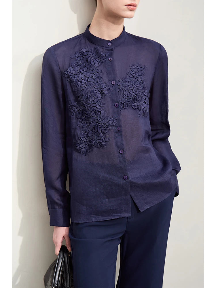Amii Minimalism Women Shirts 2026 Autumn New Chinese Stand Collar Lace Decal Shirt Fashion Female Shell Button Blouses 12443001 - Matrix-studios.com
