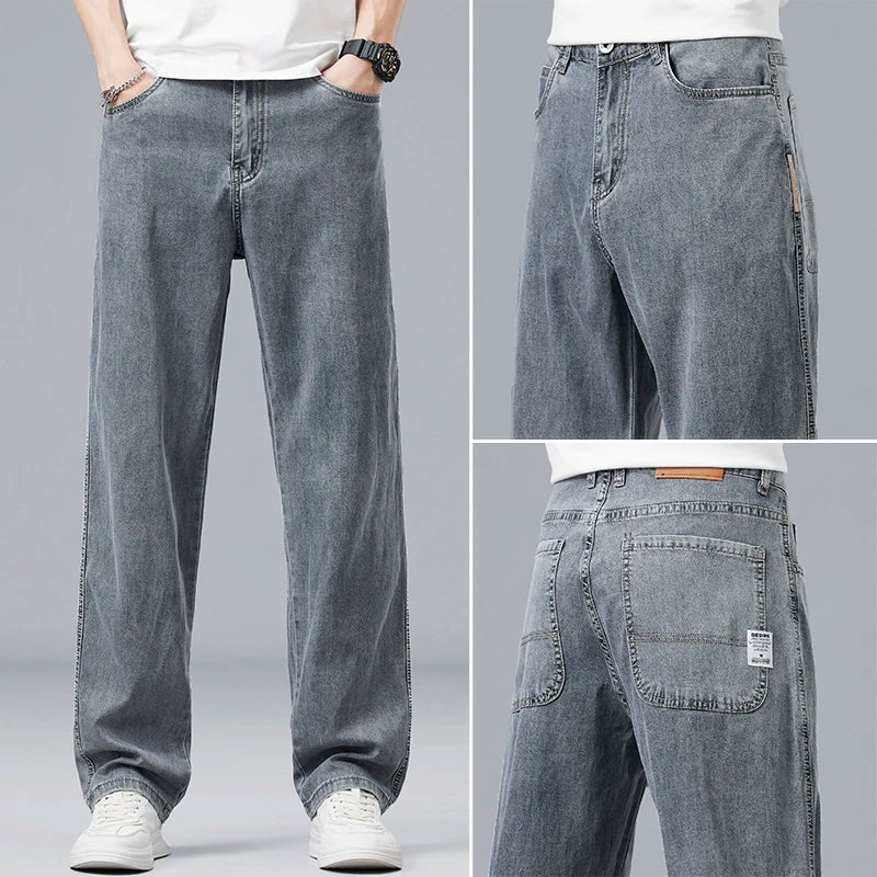 Summer Ultra-thin Lyocell Men's Jeans Drape Soft Fabric Loose Straight Casual Denim Pants Elastic Ice Silk Male Trousers - Matrix Studios