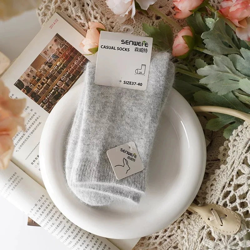 Wool Socks for Women Autumn Winter Medium Tube Socks Thickened with Wool Warm Rabbit Hair Socks Winter Black Cashmere Stockings - Matrix Studios
