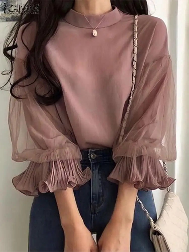 ZANZEA Women Elegant Party Blouse Vintage Mesh Ruffle 3/4 Sleeve Tops 2024 Autumn Stand Collar Shirts Korean Version Loose Tunic - Matrix-studios.com