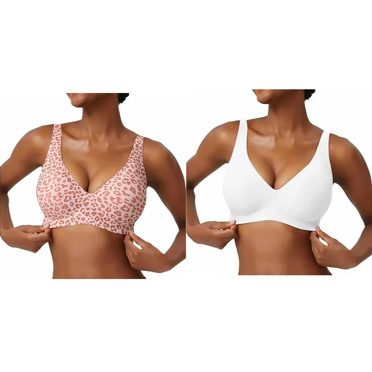 Women's Seamless Pink Leopard Print Bra Wire-Free Bra Full Cup Soft Thin Mold Support Jelly Beauty Breathable Deep V Push Up Bra - Matrix Studios