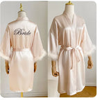 White Bride Wedding Robe with Feathers Women Satin Peignoir Sexy Bridesmids Kimono Gowns Short Bathrobe Bridal Intimate Lingerie - Matrix-studios.com