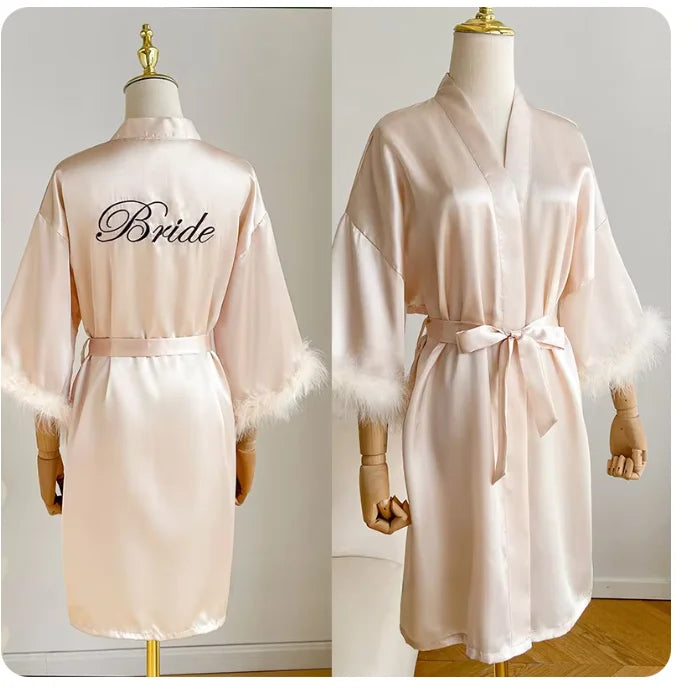 White Bride Wedding Robe with Feathers Women Satin Peignoir Sexy Bridesmids Kimono Gowns Short Bathrobe Bridal Intimate Lingerie - Matrix-studios.com