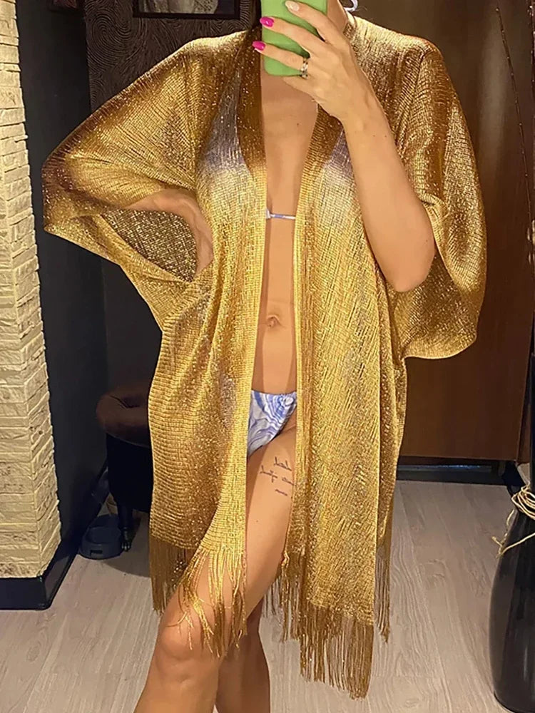 Gold Crochet Cover Up Women Sun Protective Beach Shirt Sheer Mesh Tunic with Shiny Tassel Trim Resort Wear Swimwear Cover Ups - Matrix Studios