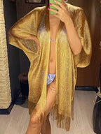 Gold Crochet Cover Up Women Sun Protective Beach Shirt Sheer Mesh Tunic with Shiny Tassel Trim Resort Wear Swimwear Cover Ups - Matrix Studios