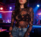 Women's New Style Black-and-White Sun-and-Moon Print Sheer Mesh T-Shirt Sheer Mesh Round Neck Base Layer T-Shirt - Matrix-studios.com