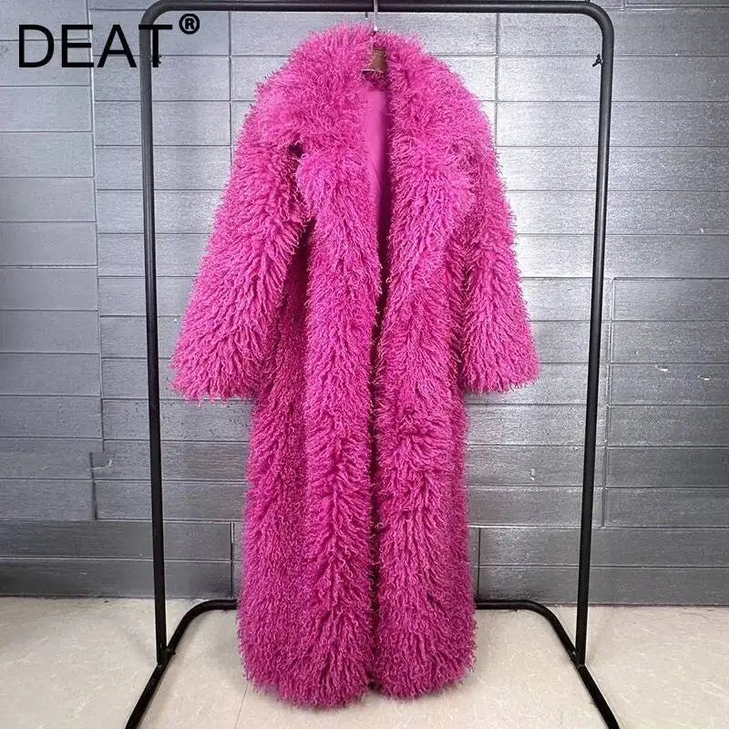 DEAT 2026 Autumn Winter New Fashion Beach Wool Faux Fur Coat For Women Suit Collar Solid Color Long Overcoat Female 11A07448 - Matrix Studios