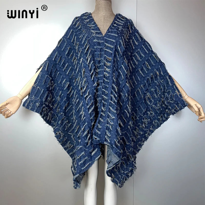 WINYI Original V Neck Denim Sexy Short Dress with Holes New Fashion Africa Womens Party Holiday Casual Maxi Beach Dress - Matrix Studios