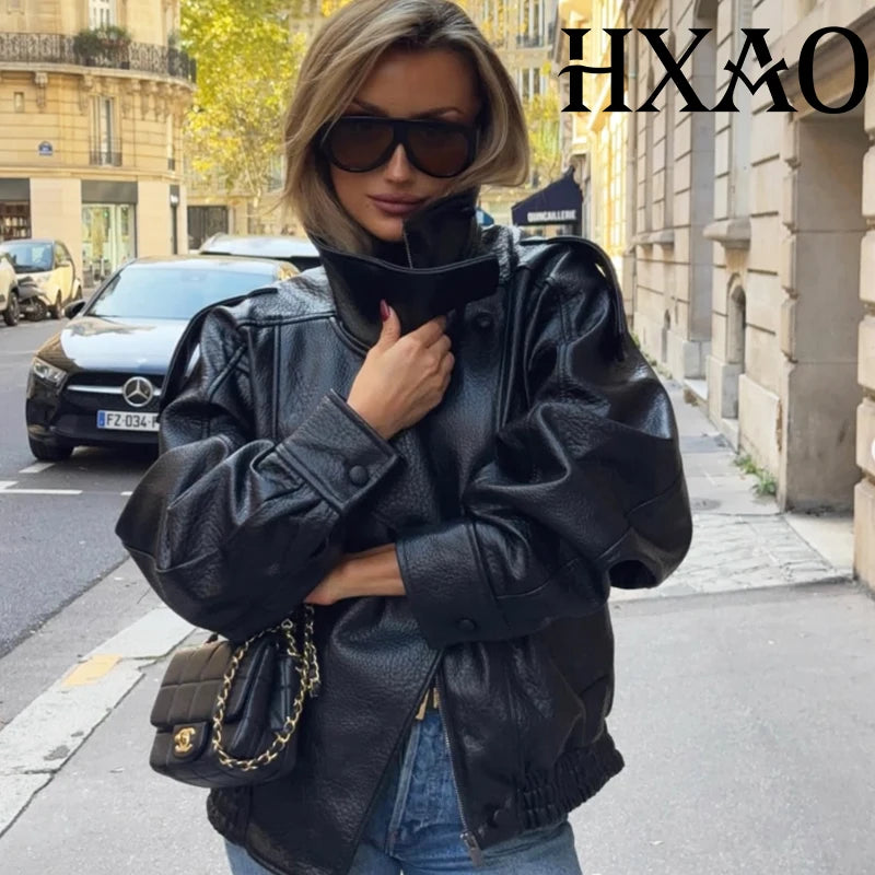 HXAO Black Jacket Women's Coat Faux Leather Jacket Outerwears Demi-Season Bomber Moto Biker Zipper Jacket High Neck Short Coat - Matrix Studios