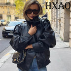 HXAO Black Jacket Women's Coat Faux Leather Jacket Outerwears Demi-Season Bomber Moto Biker Zipper Jacket High Neck Short Coat - Matrix Studios