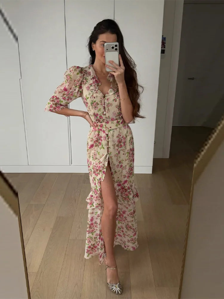Organza Floral Printed Maxi Dress V-Neck  Puff Sleeve 2026 Spring/Summer Romantic Women Party Gown Fashion Elegant Lady Vestidos - Matrix-studios.com