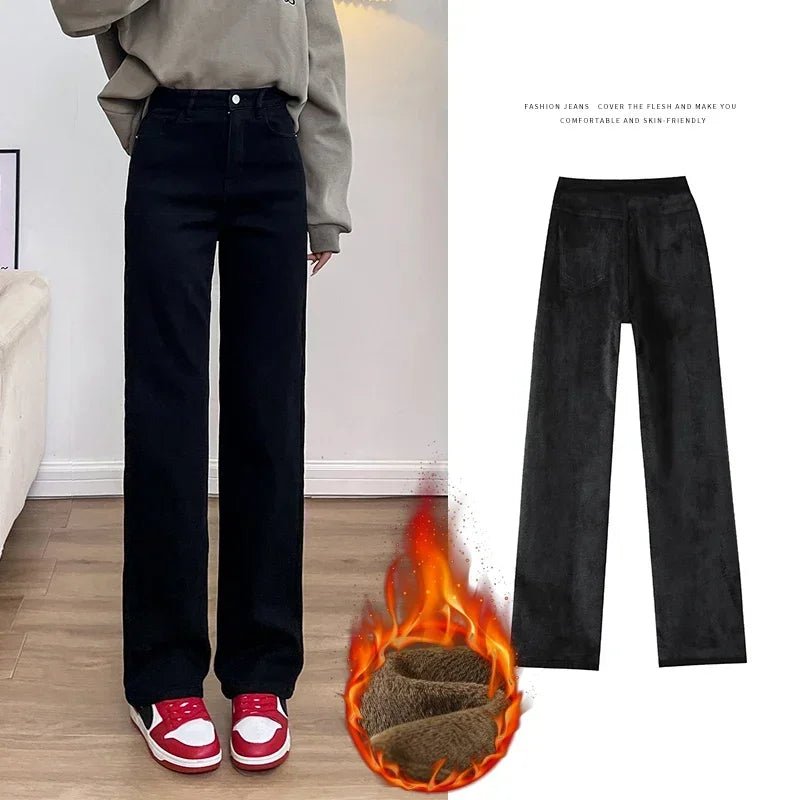 Winter Thickened Women's Mink Velvet Jeans Loose Straight Warm Soft Fleece Fashion Elastic High Waist Female Pants Black Blue - Matrix-studios.com