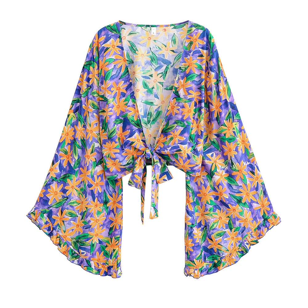 Boho Queens Sun Flower Beach Summer Short Kimono Women 2025 Ruffles Flare Sleeves Vacation Bohemian Bikini Cover-ups - Matrix Studios