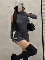 Summer Sexy High Neck Tight Dress Oversleeve Pleated Bottom Wrapped Hip Dress Women Bodycon - Matrix-studios.com