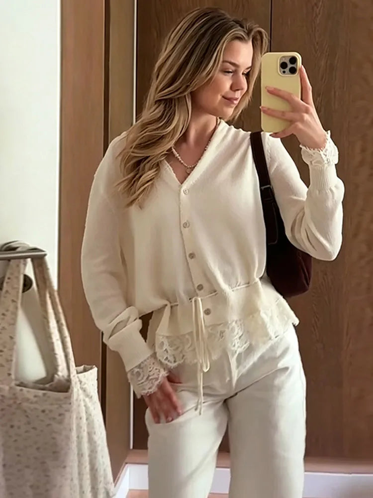 Knitted Women Cardigan Drawstring Cinched Waist Lace Trim Single Breasted Sweater Sheer O-Neck Solid Sweater Elegant Tops Ladies - Matrix Studios