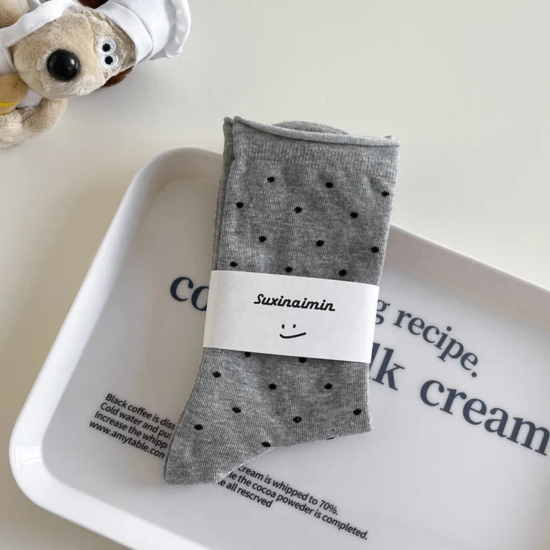 Women's spring summer thin vintage cream curled-edge women's socks polka dot mid-tube socks artistic socks women - Matrix Studios