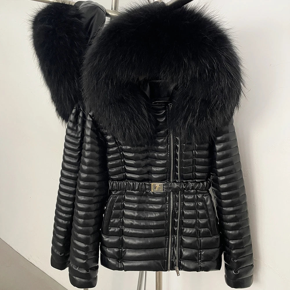 OFTBUY Winter Real Fox Fur Collar Coat Women Duck Down Jacket Female PU Leather Belted Hooded Warm Duck Down Parka Outerwear - Matrix Studios