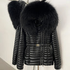 OFTBUY Winter Real Fox Fur Collar Coat Women Duck Down Jacket Female PU Leather Belted Hooded Warm Duck Down Parka Outerwear - Matrix Studios