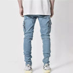 Men Street Elastic Denim Jeans Wash Solid Color Multi Pockets Cargo Pants Casual Slim Fit Daily Wear Joggers Mid Waist Trousers - Matrix Studios