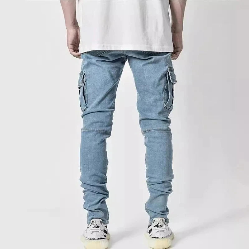 Men Street Elastic Denim Jeans Wash Solid Color Multi Pockets Cargo Pants Casual Slim Fit Daily Wear Joggers Mid Waist Trousers - Matrix Studios