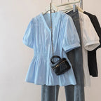 200 Pounds Plus Size Elastic Waist Office Lady Trend Shirt And Blouse Solid Color Top Women Clothing V-neck French Chic Basics - Matrix-studios.com