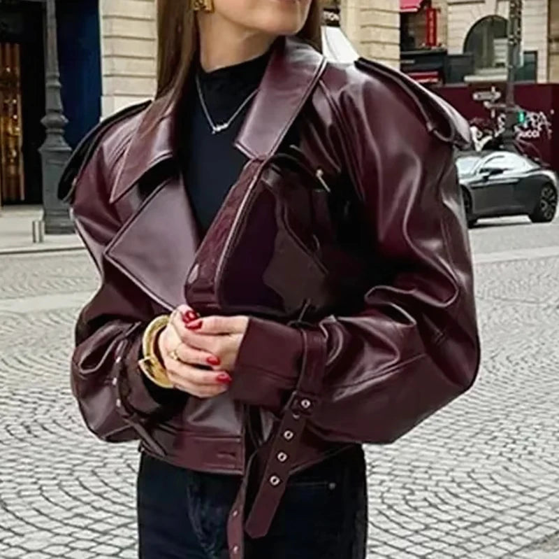 Fashion Lapel Wine Red Leather PU Jacket Autumn Winter Women's Jackets Vintage Long Sleeve Crop Coats Belt High Street New Coat - Matrix Studios