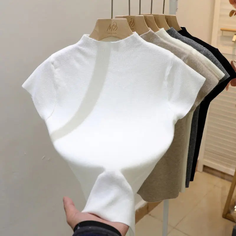 Basic Turtleneck Solid Thin Summer 2026 Pullover Women Female Knitted Sweater Slim Short Sleeve Bodycon Sweater - Matrix Studios