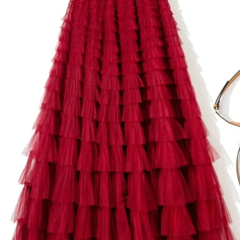 Sweet Layered Cake Me Skirt Elastic Waist Princ Long Dr Korean Sle High Waist Polyester Fabric Mid-Length Skirt - Matrix-studios.com