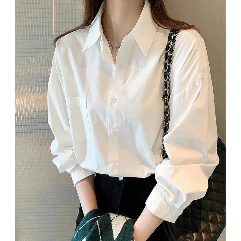 White Blouse Ladies' 2023 Autumn's new Korean-style Long-sleeved Casual Office Lady Shirt Loose Women Clothes Top Simple Shirts - Matrix-studios.com