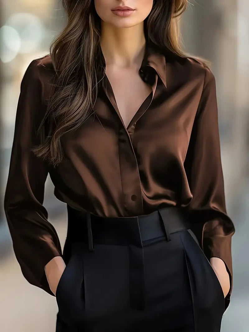 Elegant Black Satin Long Sleeve Blouse for Women  Button-Up Collar Shirt Perfect for Casual or Professional Wear - Matrix-studios.com
