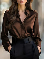 Elegant Black Satin Long Sleeve Blouse for Women  Button-Up Collar Shirt Perfect for Casual or Professional Wear - Matrix-studios.com