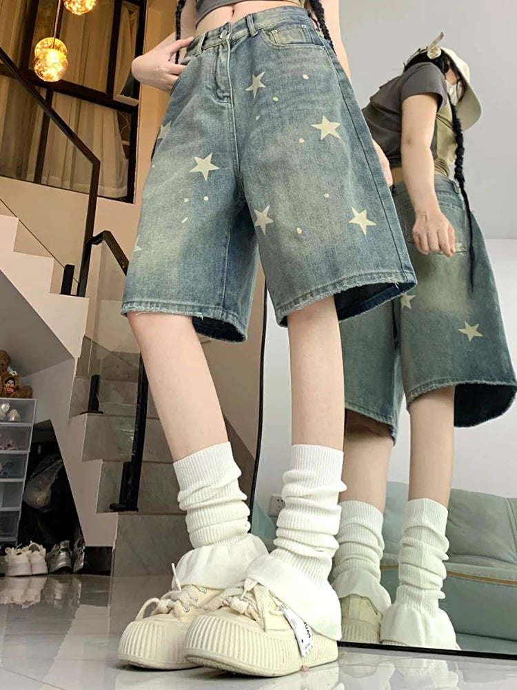 Women High Waist American Retro Washed Wide Leg Jeans Girls Street Do Old Star Loose Denim Pants Female Blue Knee Length Shorts - Matrix-studios.com