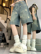 Women High Waist American Retro Washed Wide Leg Jeans Girls Street Do Old Star Loose Denim Pants Female Blue Knee Length Shorts - Matrix-studios.com