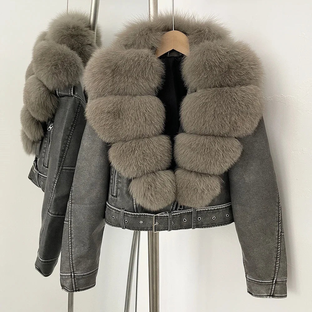 Fake Leather Coat New Natural Fox Fur Autumn Short Faux Leather Jacket Female Spring PU Women Long Sleeve Real Fur Coat Thin - Matrix Studios