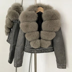 Fake Leather Coat New Natural Fox Fur Autumn Short Faux Leather Jacket Female Spring PU Women Long Sleeve Real Fur Coat Thin - Matrix Studios