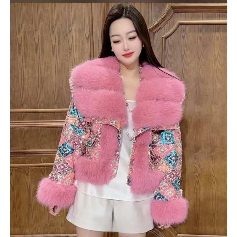 Outcoat The New Fur Cotton-padded Jacket Features Heavy Sequins Outerwear Sweet Faux Leather and A Stylish Thickened Fur Coat - Matrix Studios