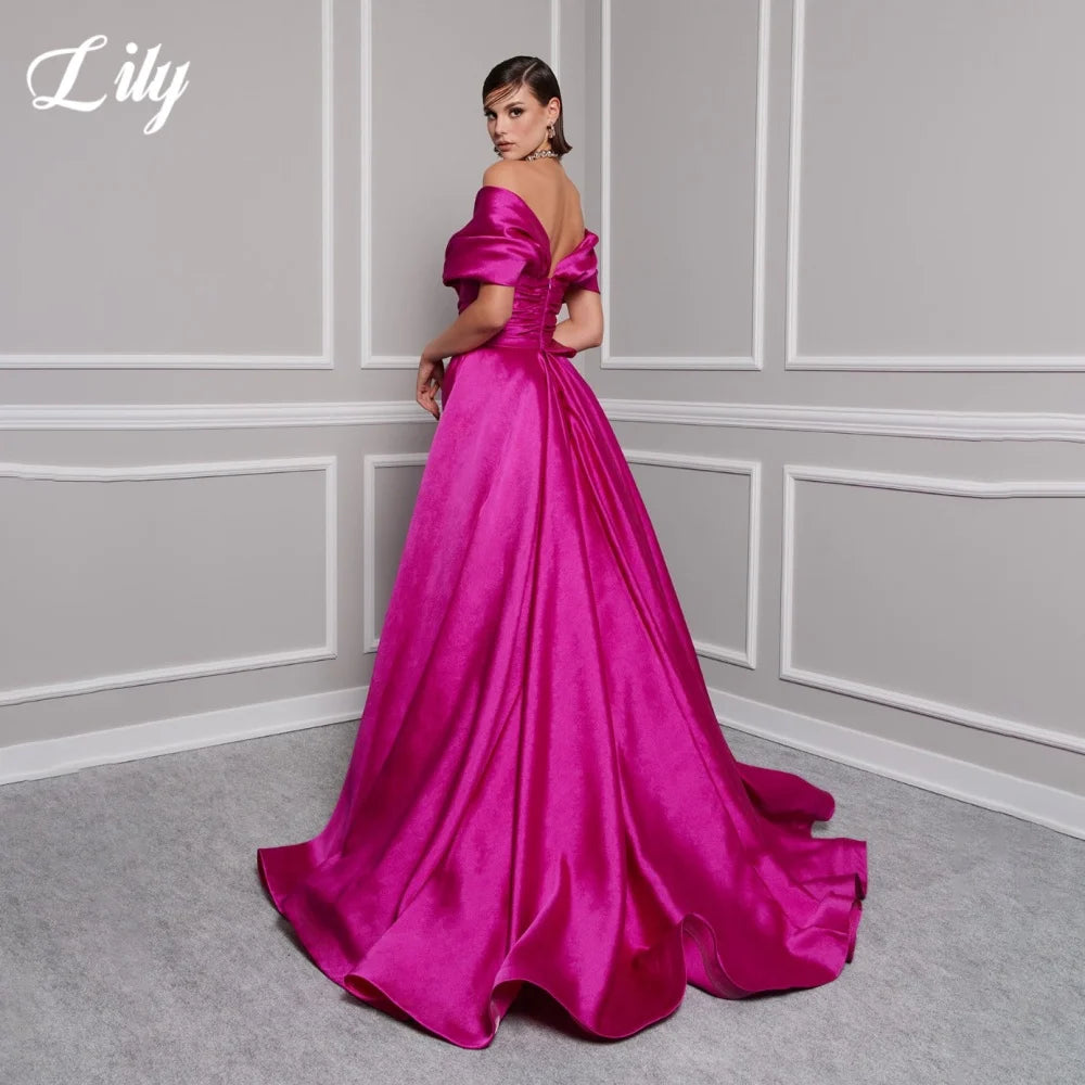 Lily Red Elegant Prom Gown V-Neck Off the Shoulder Party Dress for Woman Satin Pleating Side Split Evening Dresses Customized - Matrix-studios.com