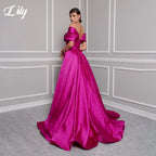 Lily Red Elegant Prom Gown V-Neck Off the Shoulder Party Dress for Woman Satin Pleating Side Split Evening Dresses Customized - Matrix-studios.com