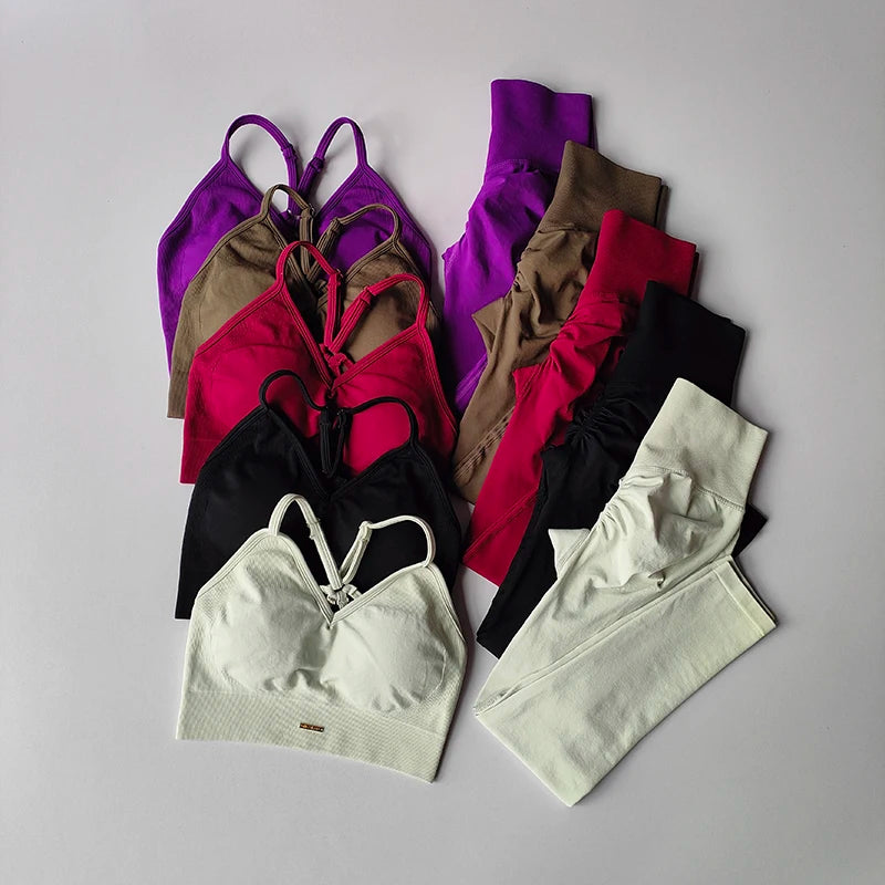 Seamless Hip Lifting Fitness Set Women's V-neck Bra Leggings Yoga Set Quick Drying Exercise Iron Massage High Fat Tight Pants - Matrix-studios.com