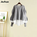 Women's Spring Autumn New Fashion Fake Two Piece Knit Sweater+Strap A-line Skirt Suit Korean Elegant Pullover Dress Matching Set - Matrix-studios.com