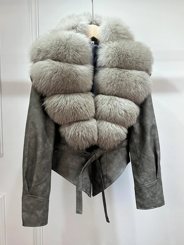 Janveny Huge Big Natural Fox Fur 2025 New Autumen Winter Pu Faux Leather Jacket Women Casual Female Lapel Zipper Motorcycle Coat - Matrix Studios