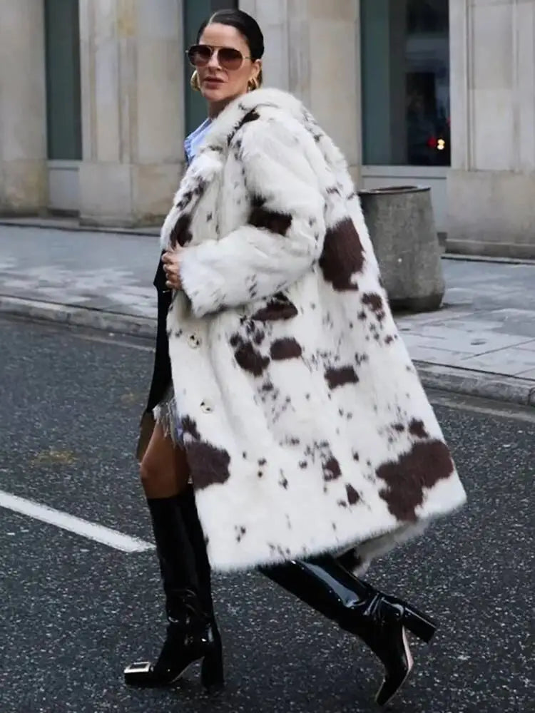 DEAT Fashion Tie Dye Faux Fur Coat Women's Lapel Loose Long Sleeves Plush Thick Overcoat Winter New 7A1355 - Matrix Studios