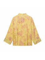 Women Yellow Floral Printing 2-Piece Set Women Stand Collar Long Sleeve Shirt + High Waist Wide Leg Pants Loose Lady Suit