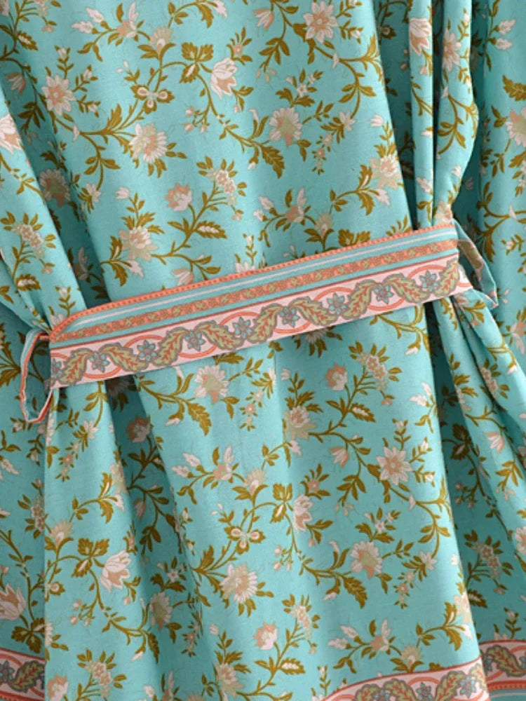 Boho Vintage Multi Floral Print Sashes Kimono Women bohemian V Neck batwing Sleeves rayon cotton happie short robe Cover-ups - Matrix Studios