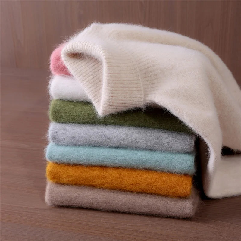 Autumn And Winter New 100% Mink Cashmere Sweater Ladies' High Lapel Solid Color Padded Pullover Wool Knitted Bottoming Shirt - Matrix Studios