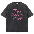 Fashion Womans Cotton Washed T-shirts The Devil's Moon Letter Prints Tops Casual O-Neck Oversize Tees Street Female Clothes - Matrix-studios.com