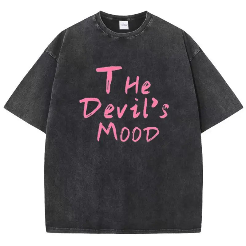 Fashion Womans Cotton Washed T-shirts The Devil's Moon Letter Prints Tops Casual O-Neck Oversize Tees Street Female Clothes - Matrix-studios.com