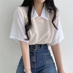 New Women Polo Shirt Summer Women Fake Two-Piece Color-Blocked Short Sleeve Loose Top Girls Casual Basic Shirt Adult Polo Shirt - Matrix-studios.com