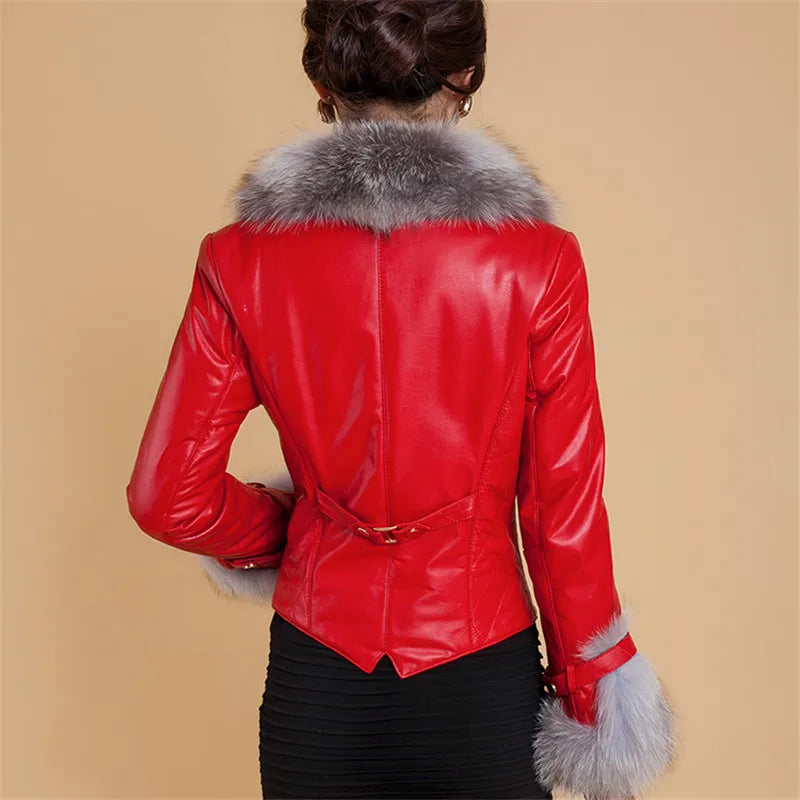 Leather Jacket Women Coat Faux Fox Fur Collar Short Coat PU Leather New Winter Female Jacket Elegant Motorcycle Zipper Outerwear - Matrix Studios