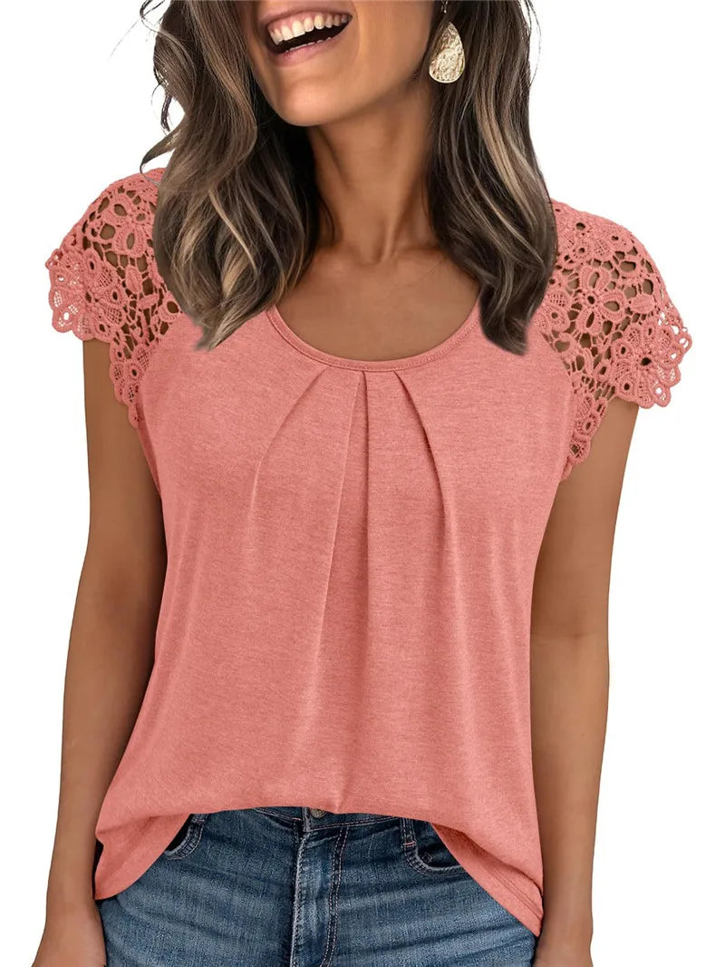 Summer Women Shirts Elegant Hollow Out Lace Short Sleeve O-neck Casual Chic Oversized White Blouses Solid Color Streetwear Tops - Matrix-studios.com